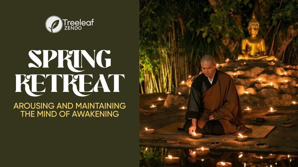 Banner showing a Soto Zen monk, in full robes, wearing a brown Okesa. He is outside, sitting on the ground, on a mat, surrounded by tiny candles that light up the space. It is nighttime. Behgind him, there is a statue of a Buddha